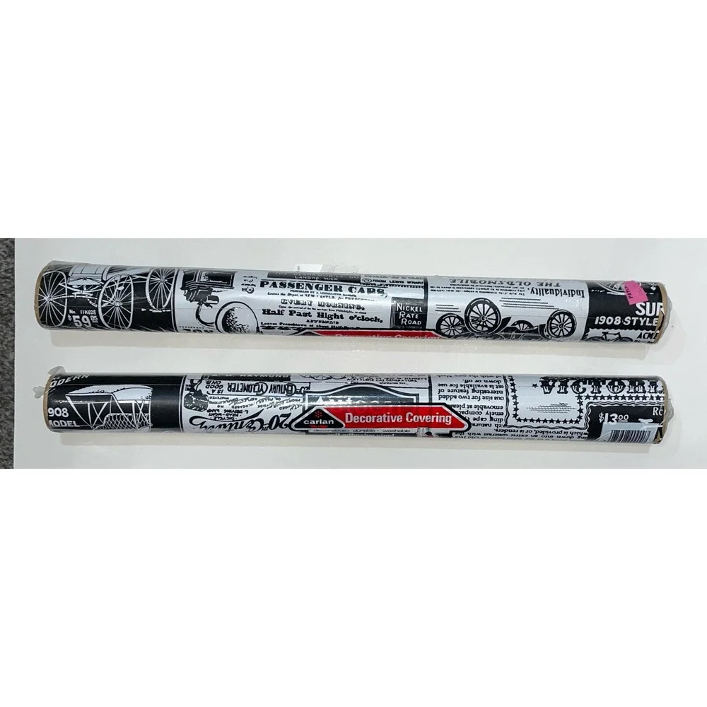 Vtg Carlan Contact Paper Shelf Covering 3Yds Old Cars‎ Black & White Lot Of 2